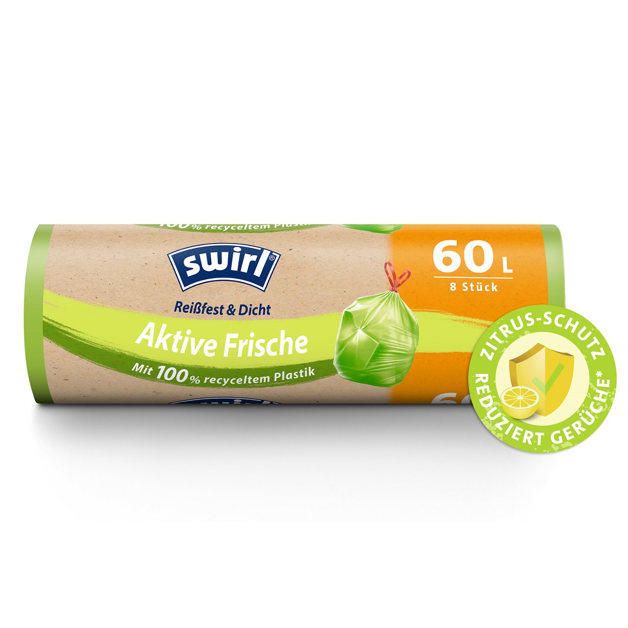 Swirl Aktive Frische Müllbeutel Verpackung Vorderseite - 60 Liter, 8 Stück