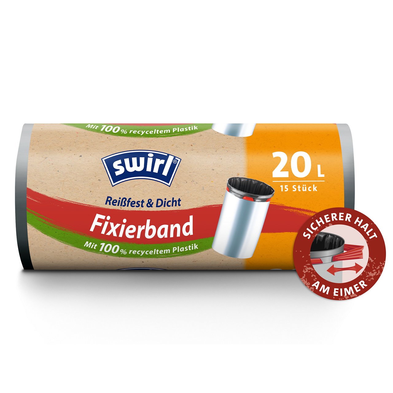 Swirl Fixierband-Müllbeutel Verpackung Vorderseite - 20 Liter, 15 Beutel