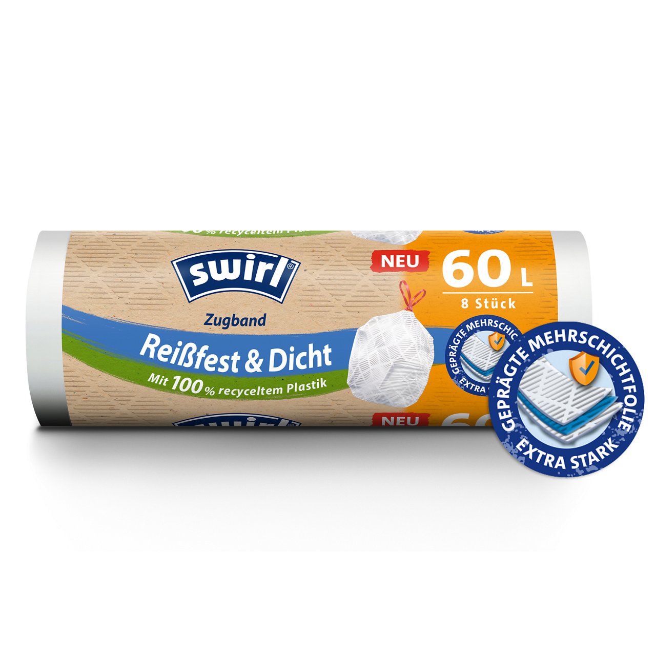 Swirl reißfest und dicht Zugband-Müllbeutel Verpackung Vorderseite -  60 Liter, 8 Stück
