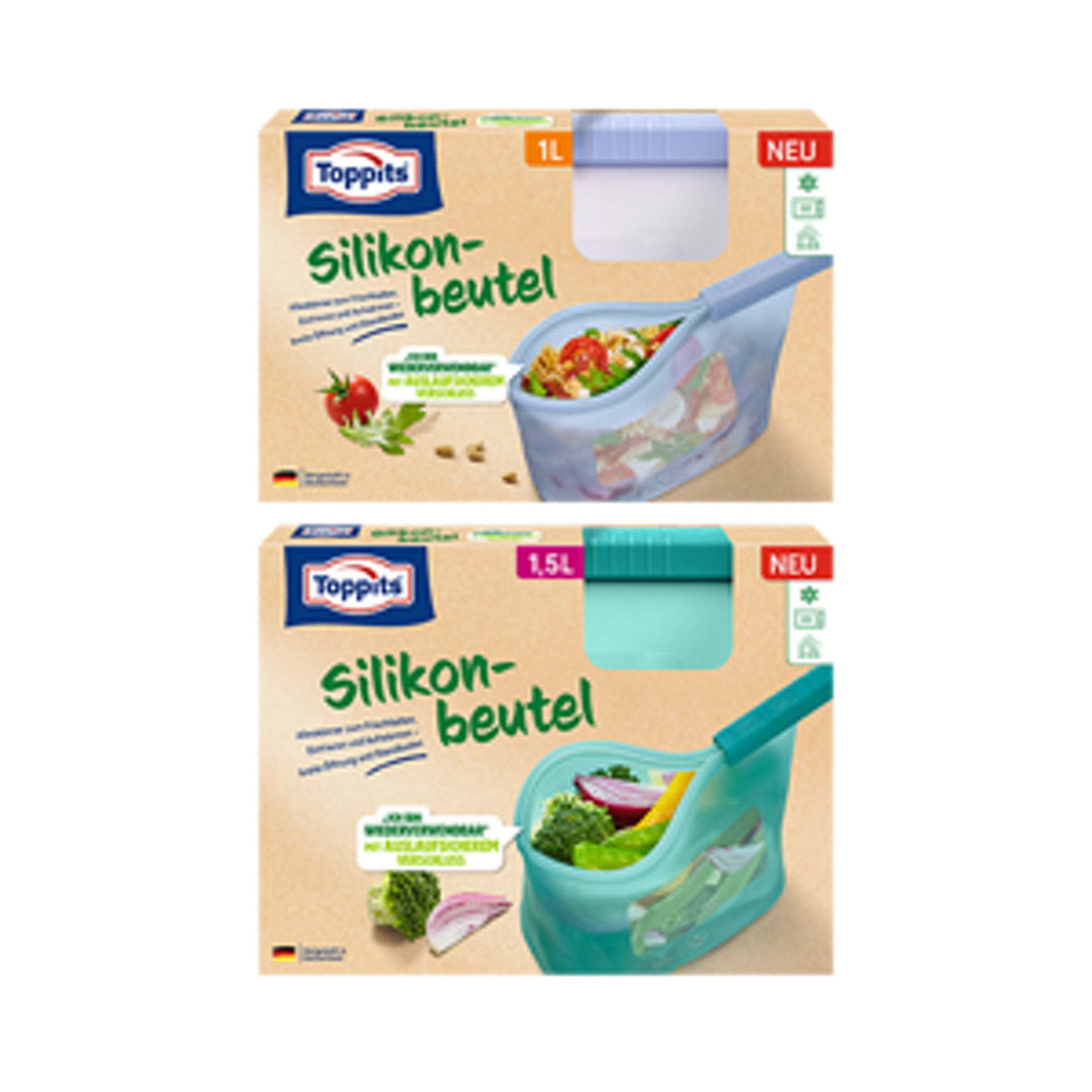 2 Toppits Silikonbeutel Verpackungen aus dem Jahr 2024