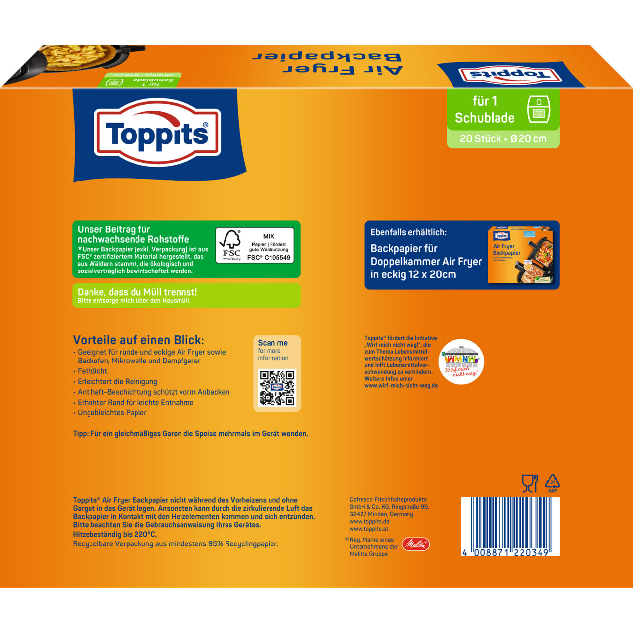 Toppits Air Fryer Backpapier Verpackungshinterseite 20x