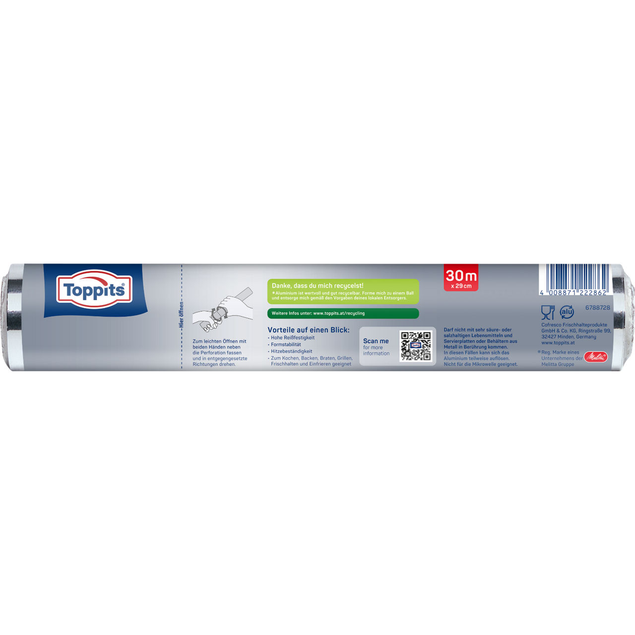 Toppits Alufolie Verpackungshinterseite Rolle 30m