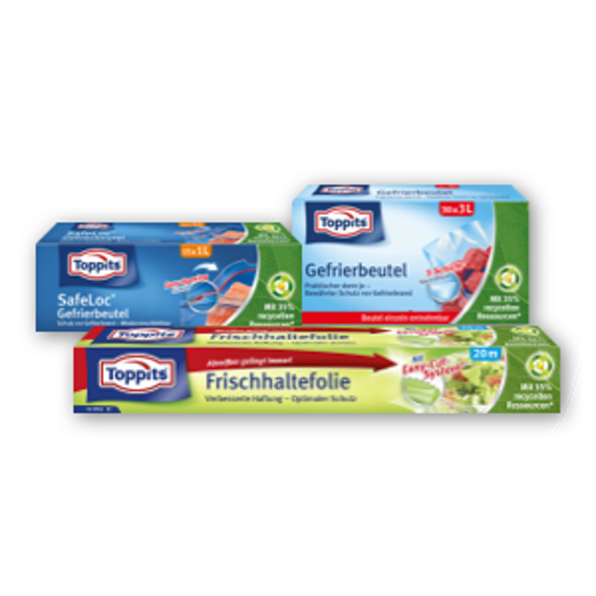 Toppits Safeloc, Gefrierbeutel und Frischhaltefolie Verpackungen mit 35% recycelten Ressourcen aus dem Jahr 2021