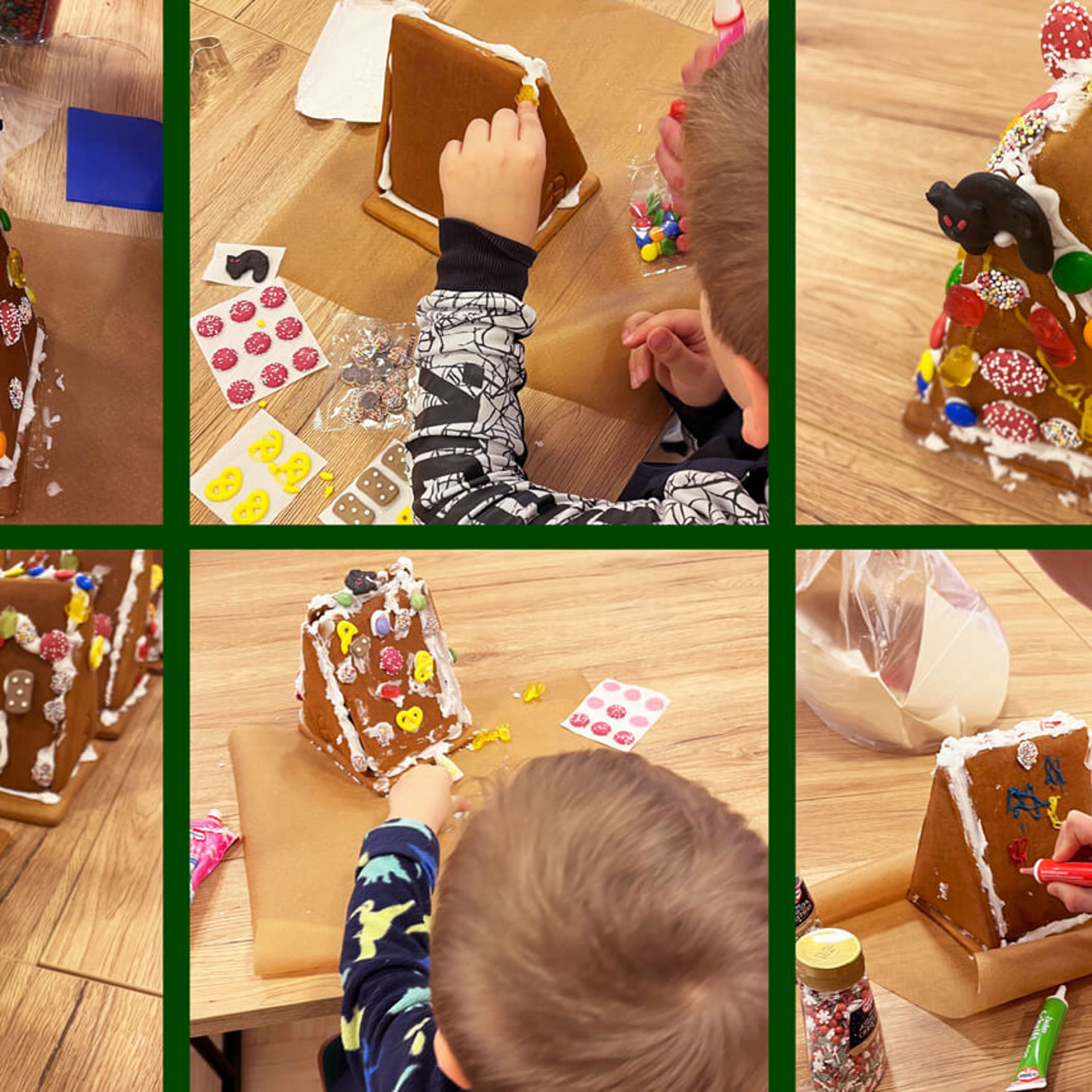 Kinder verzieren Lebkuchenhäuser mit bunten Süßigkeiten an einem Tisch. 