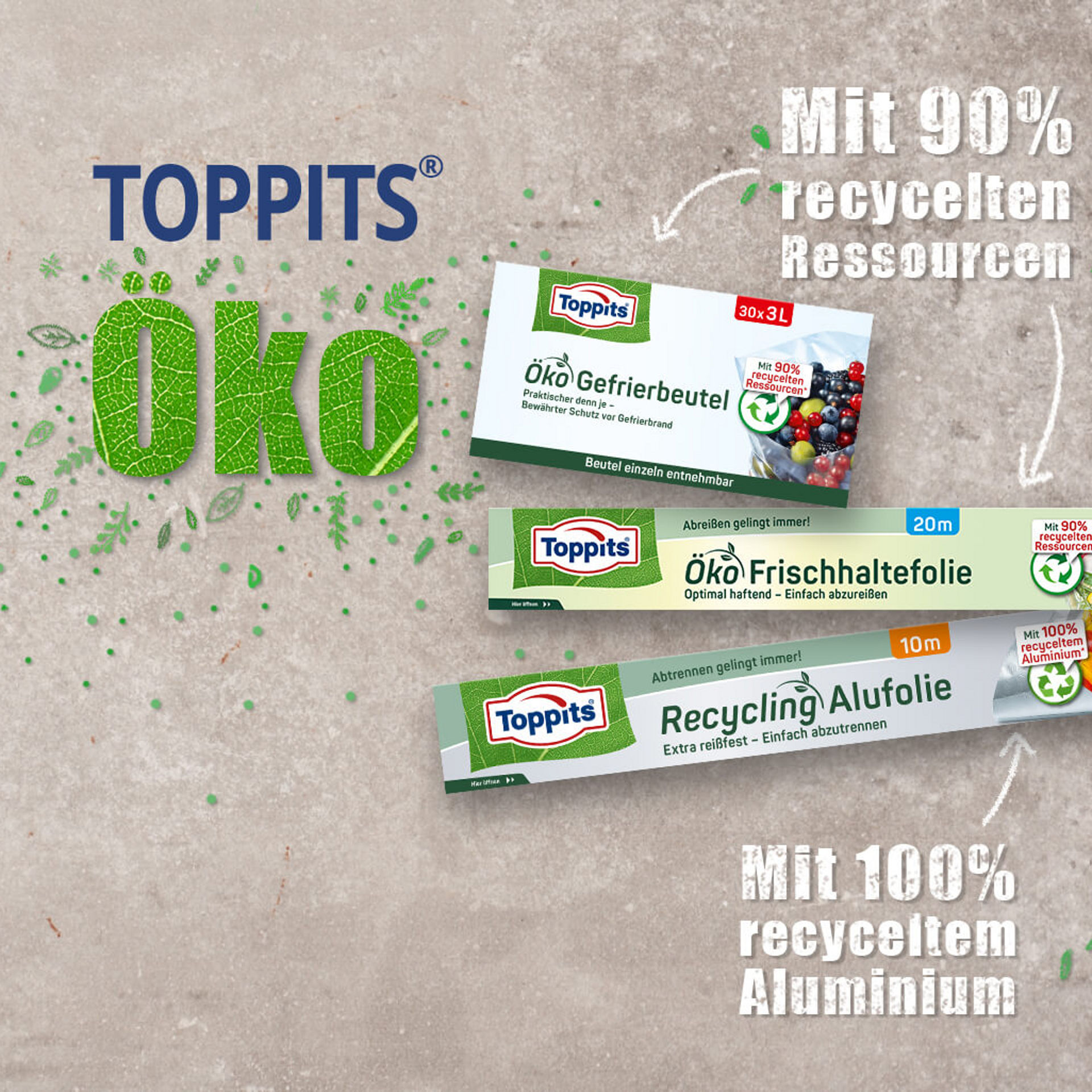 Toppits Öko-Produkte: Gefrierbeutel, Frischhaltefolie und Alufolie aus nachwachsenden Rohstoffen oder mit hohem Recyclinganteil.