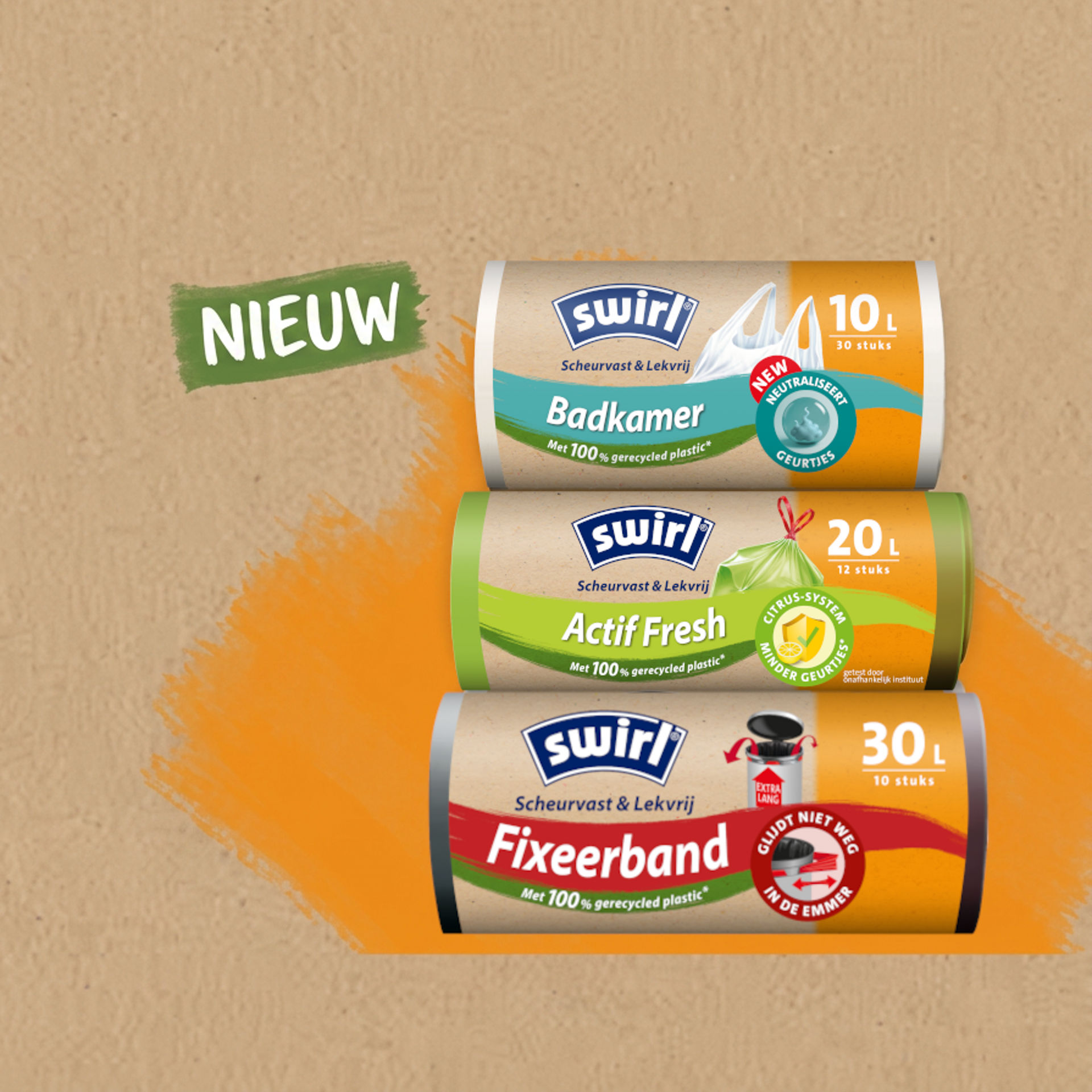 Drie verpakkingen Swirl-vuilniszakken op kraftpapier met een nieuwe opvallende reclame