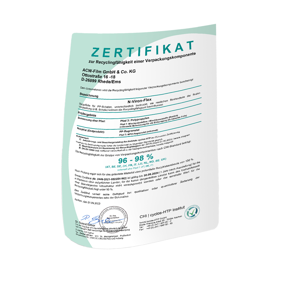 Recyclingfähigkeitszertifikat für Verpackungskomponente N-Viron-Flex von ACW Film GmbH & Co. KG, ausgestellt vom cyclos-HTP Institut