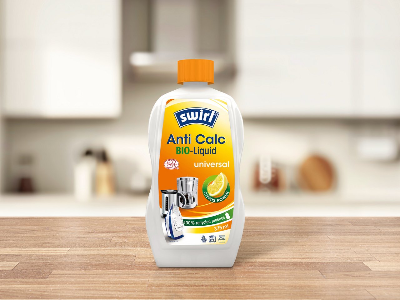 Swirl Anti Calc Bio-Liquid Universal Flasche steht auf einem Küchentresen