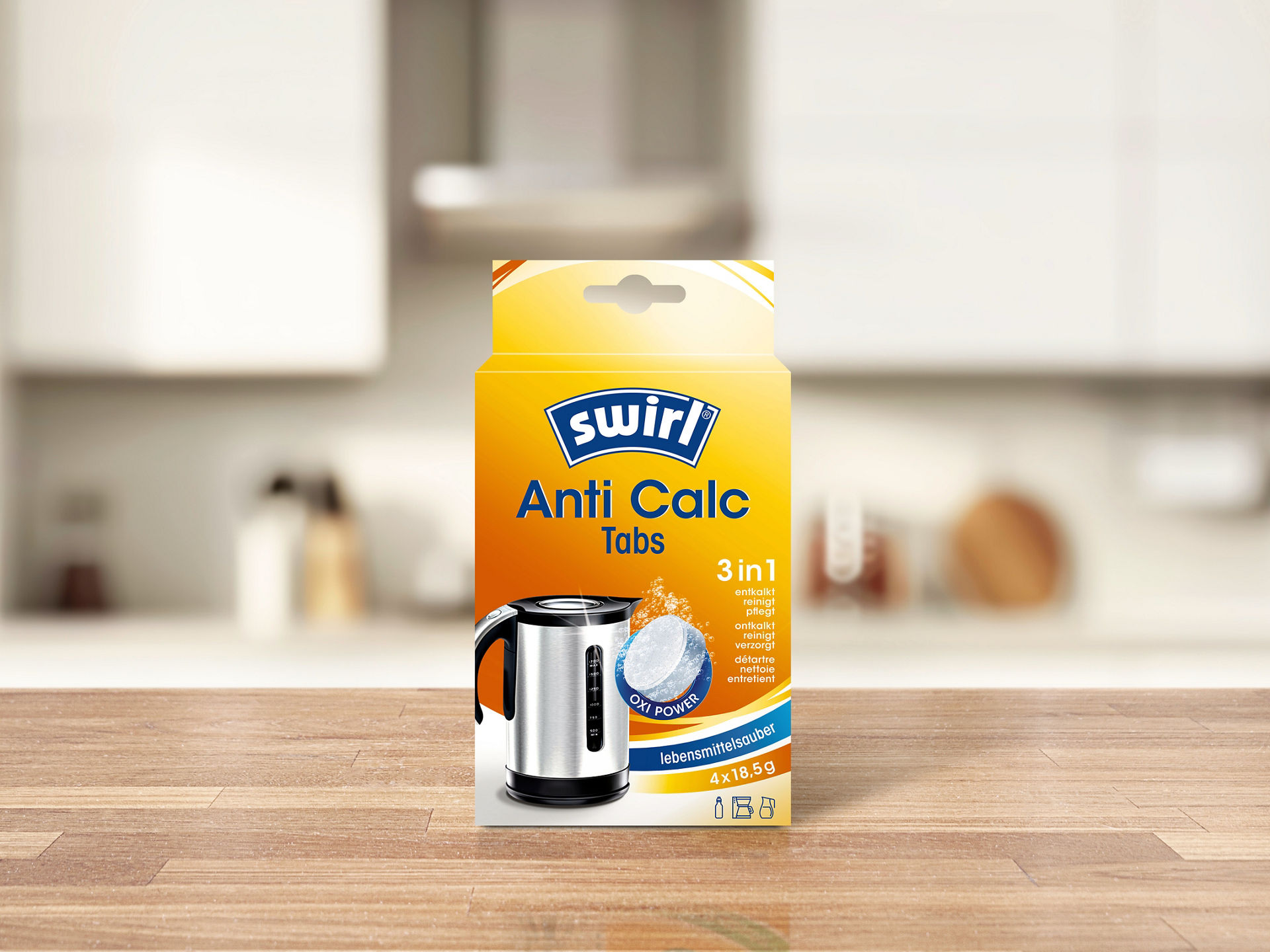 Swirl Anti Calc Tabs Packung steht auf einem Küchentresen