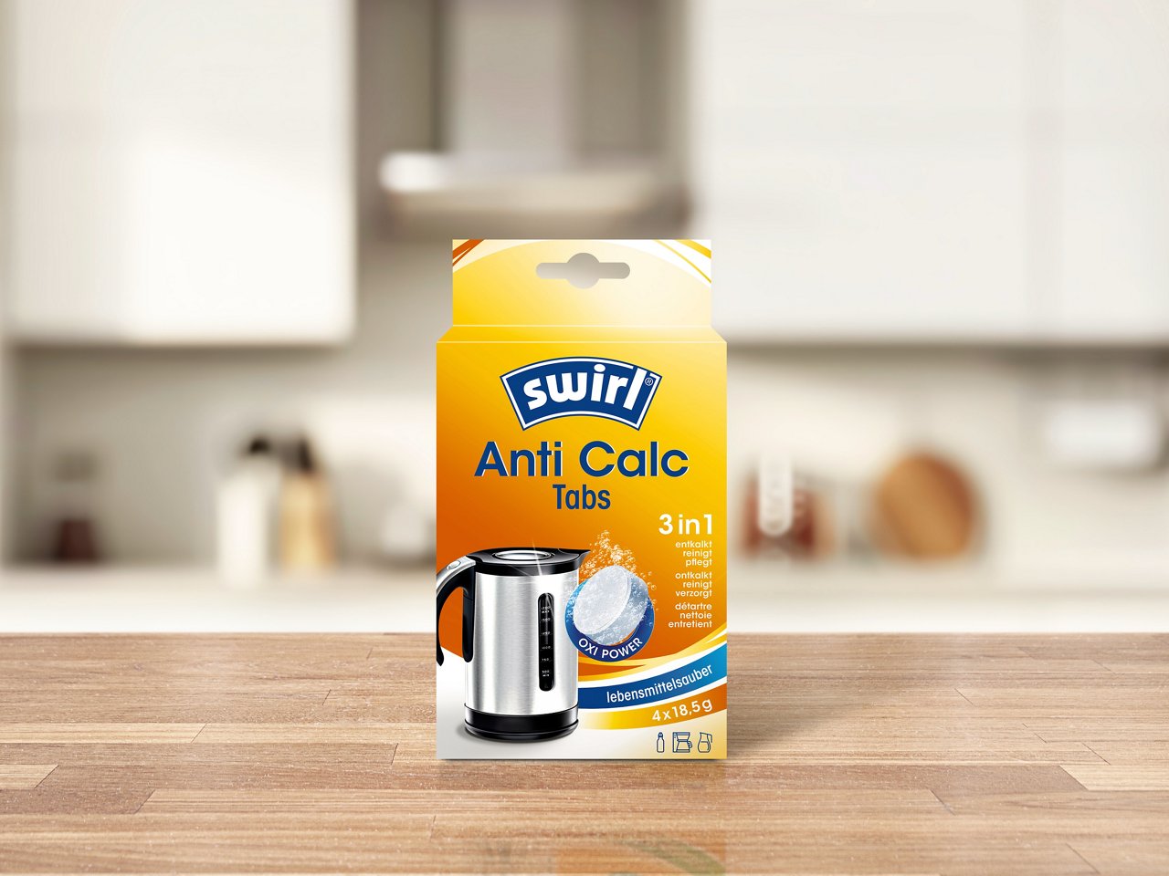 Swirl Anti Calc Tabs Packung steht auf einem Küchentresen