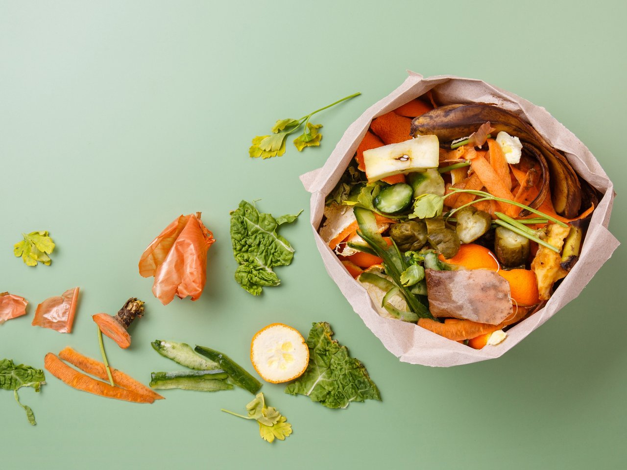 Gefülter Papier-Bio-Müllbeutel neben drapiertem Bioabfall