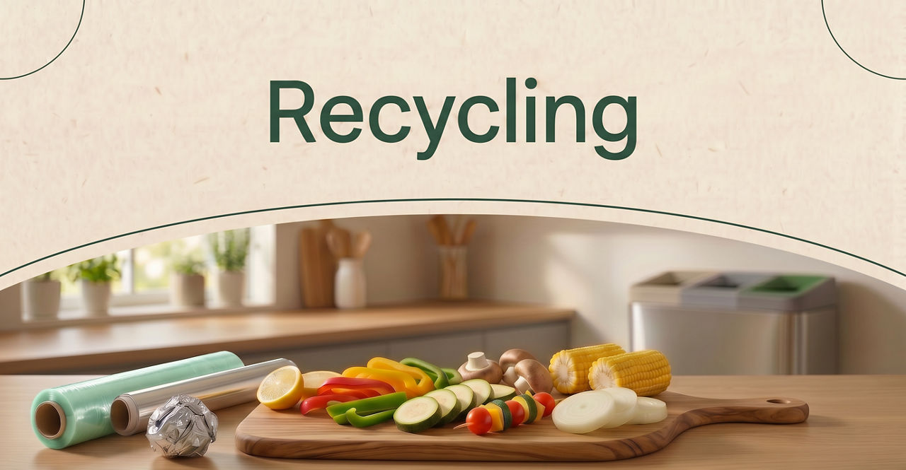 Illustration zum Thema Recycling: Auf einer Küchenarbeitsplatte liegen Frischhaltefolie, Alufolie und eine Kugel aus Aluminiumfolie neben einem Holzbrett mit geschnittenem Gemüse 