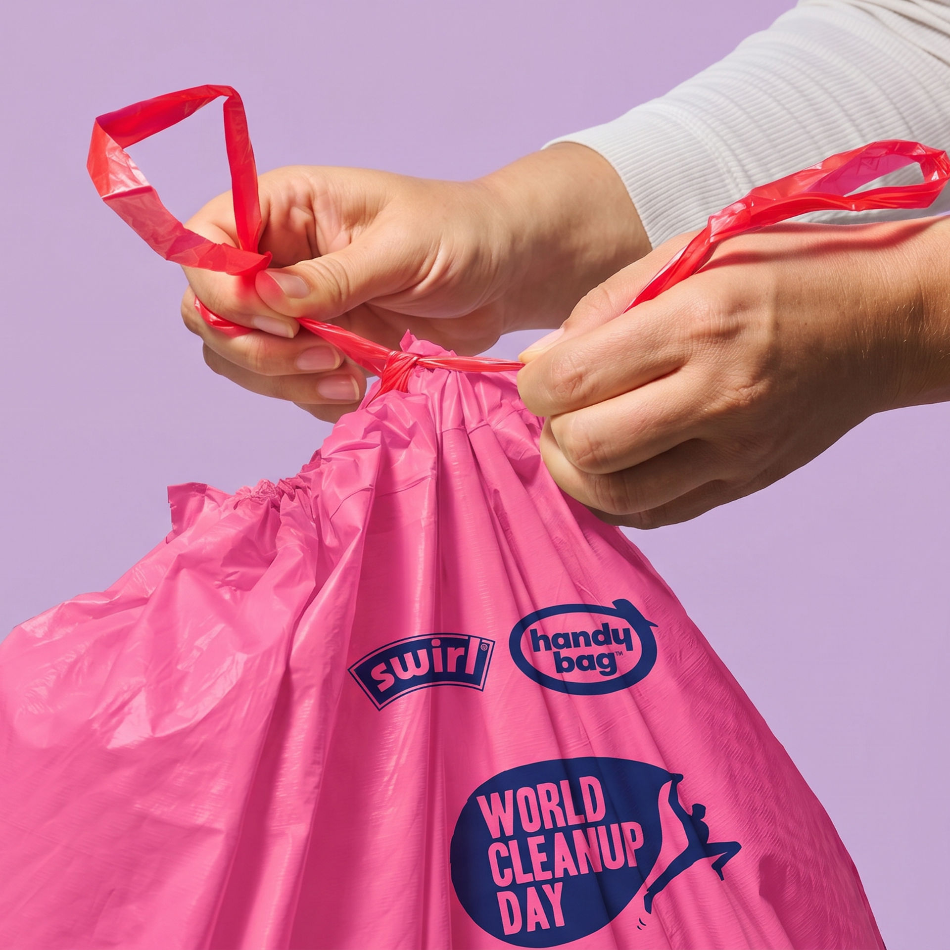 Hände binden die roten Zugbänder eines pinken World-Cleanup-Day-Müllbeutels zu