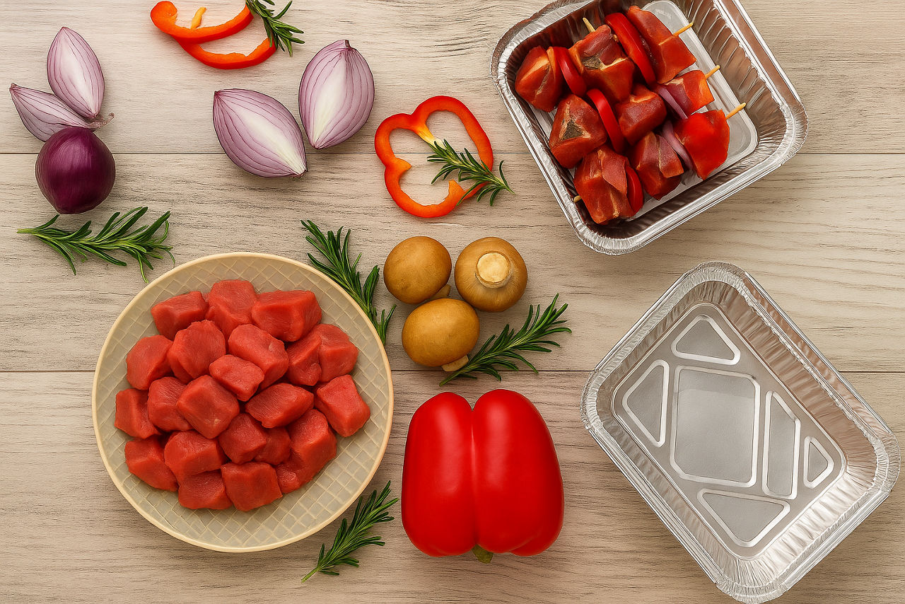 Zutaten für Grillspieße wie gewürfeltes Fleisch, Paprika, Champignons, rote Zwiebeln, Rosmarin und Toppits Grill-Aluschalen, dekorativ auf einem Holztisch angerichtet. Bild KI modifiziert. 