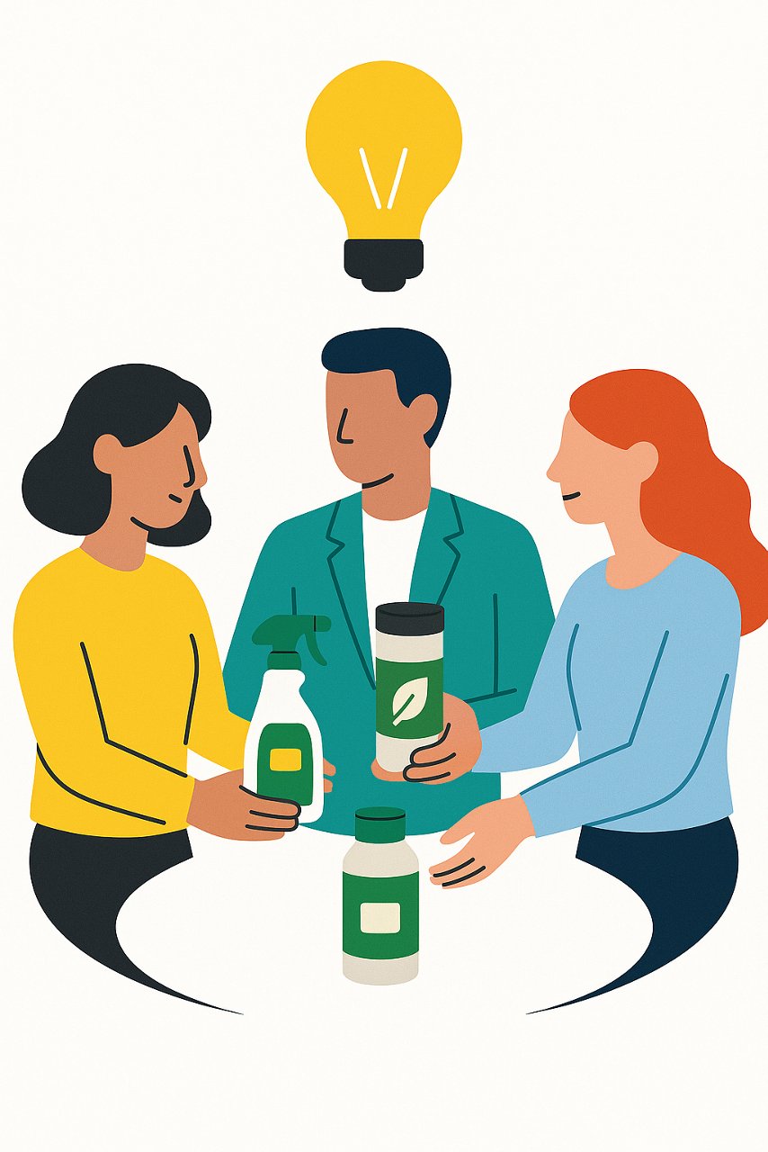 three people sitting around a comic-style table 