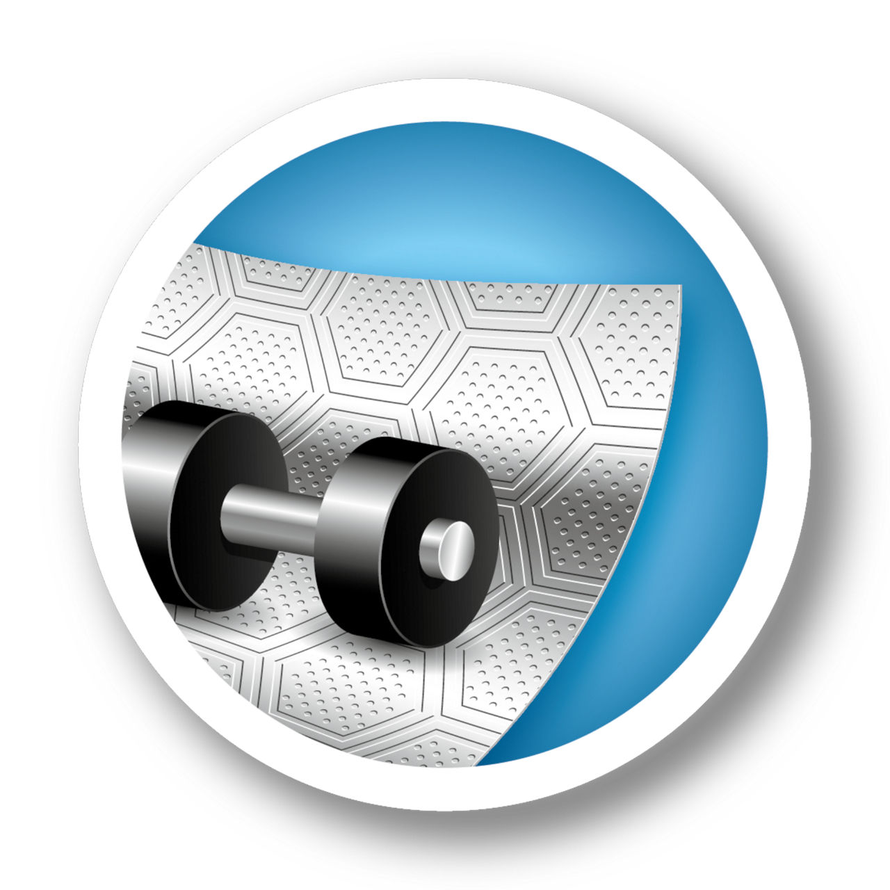    	 Eine schwarze Hantel liegt auf einer Aluminiumfolie mit Wabenstruktur, vor einem blauen kreisförmigen Hintergrund.
