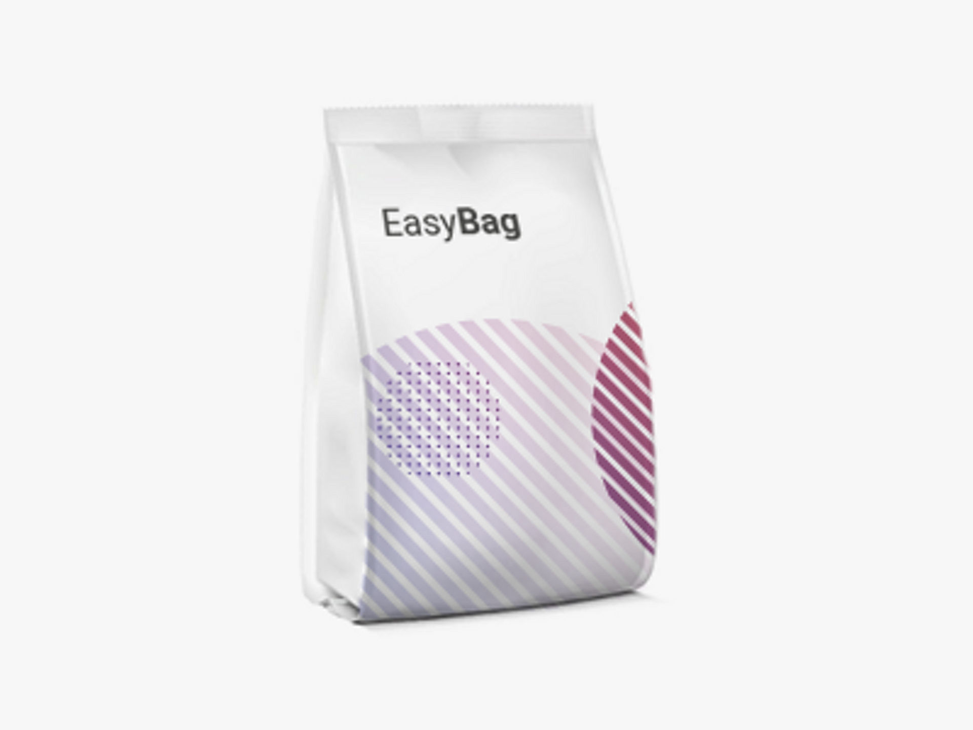 Weißer Standbeutel mit Aufdruck „EasyBag" und geometrischem Muster in Rosa- und Lilatönen