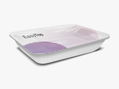 Weiße Produktschale mit Aufdruck „EasyTop" und geometrischem Muster in Rosa- und Lilatönen