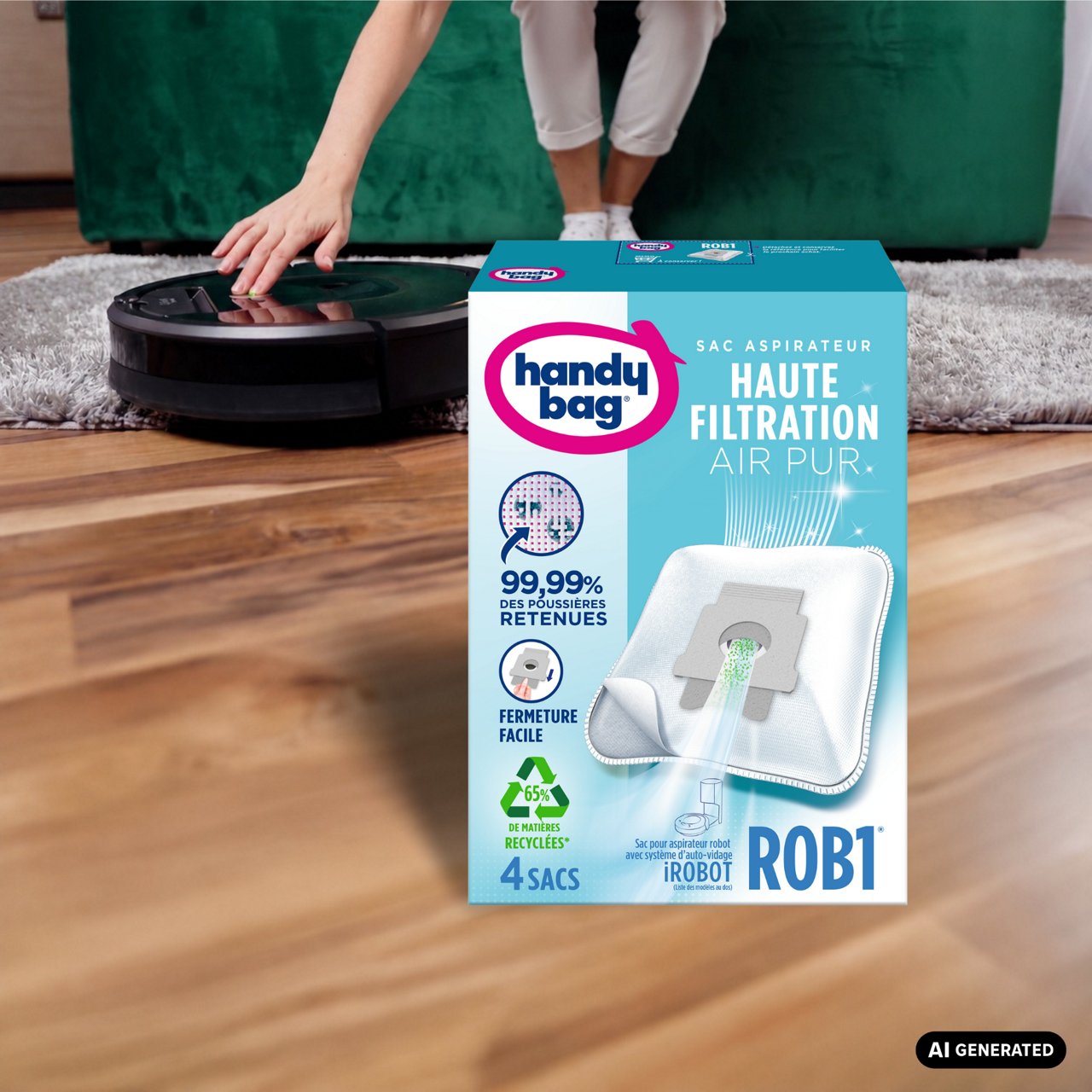 Boîte de sacs aspirateur Handy Bag R0B1 devant un aspirateur robot dans un salon