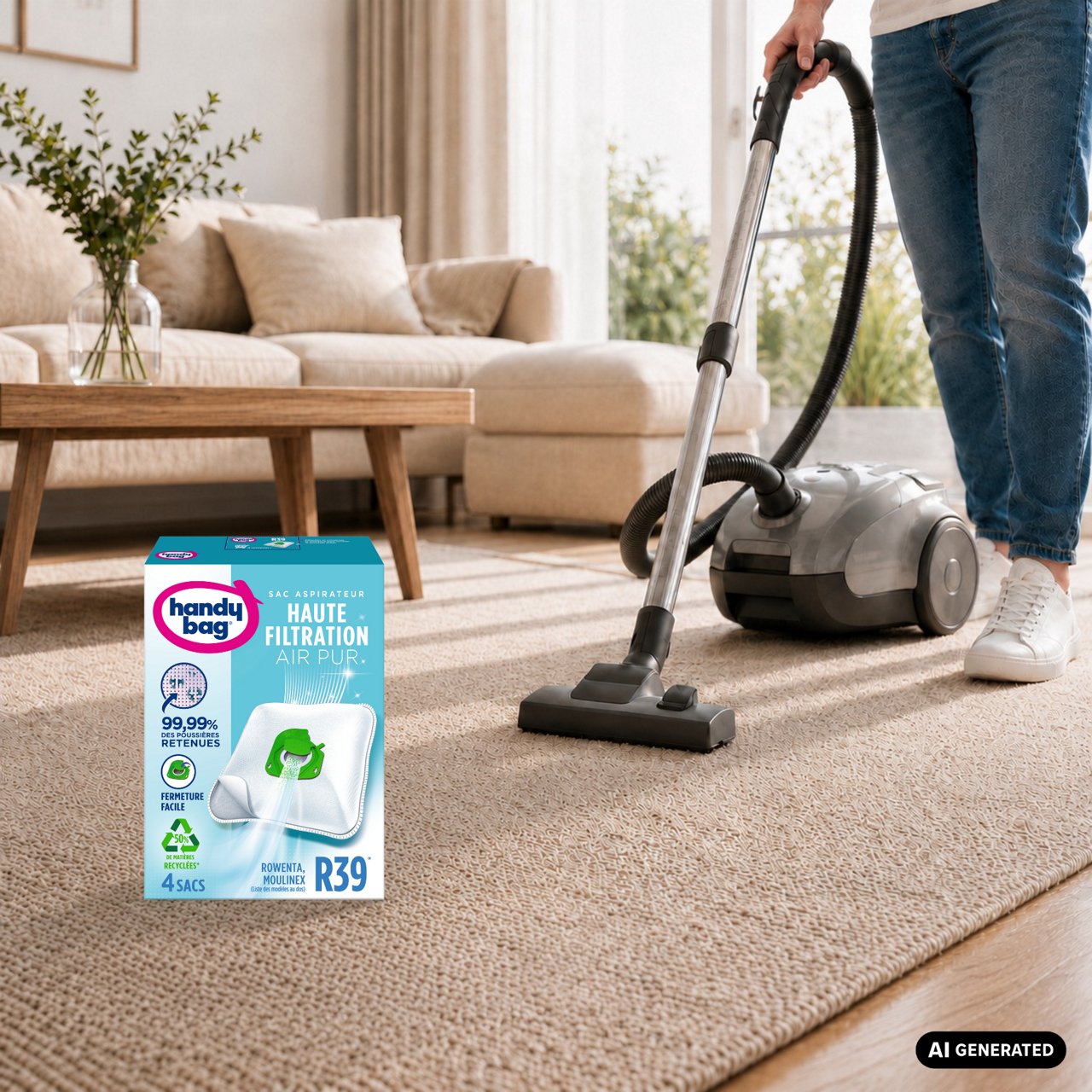 Boîte de sacs aspirateur Handy Bag R39 devant un aspirateur traîneau dans un salon