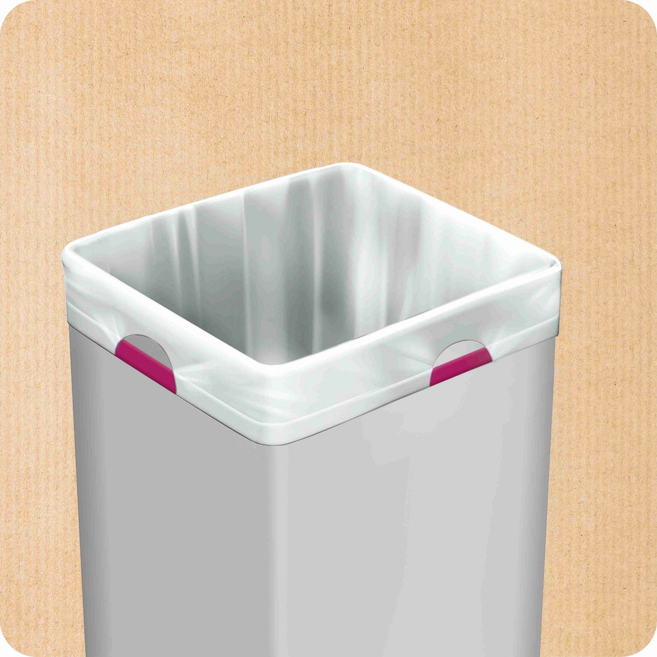 Pictograma que ilustra un cubo de baño con una bolsa de basura Handybag blanca