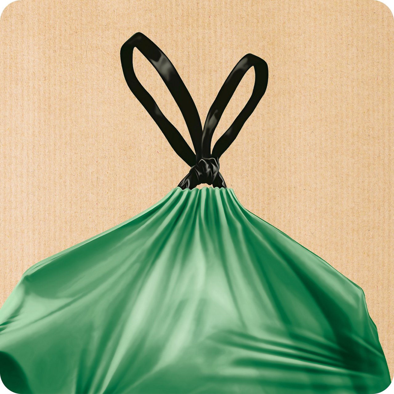 Pictograma que ilustra una bolsa de basura Handybag verde cerrada con cordones negros