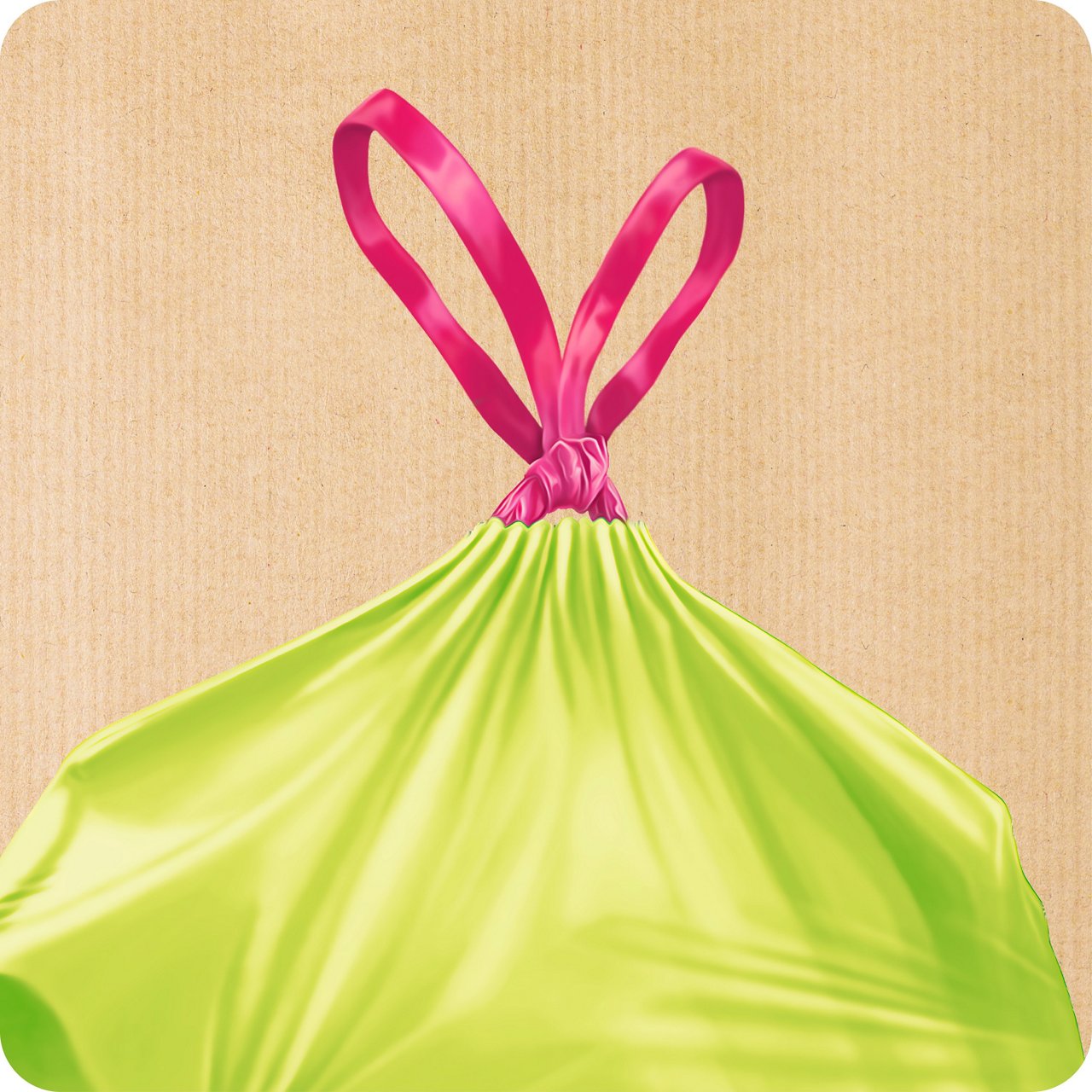 Pictograma que ilustra una bolsa de basura Handybag verde claro cerrada con cordones rosas