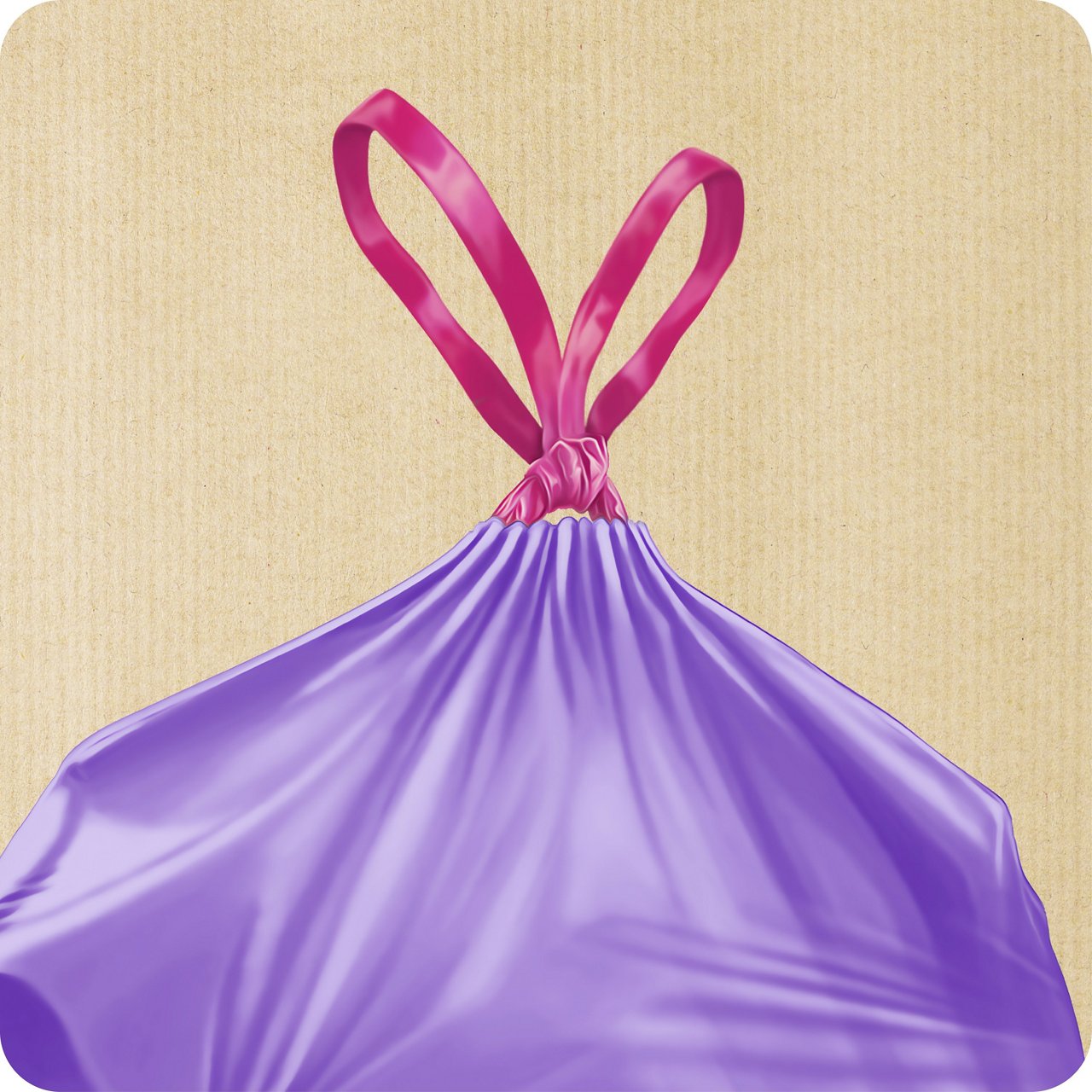 Pictograma que ilustra una bolsa de basura Handybag violeta cerrada con cordones rosas