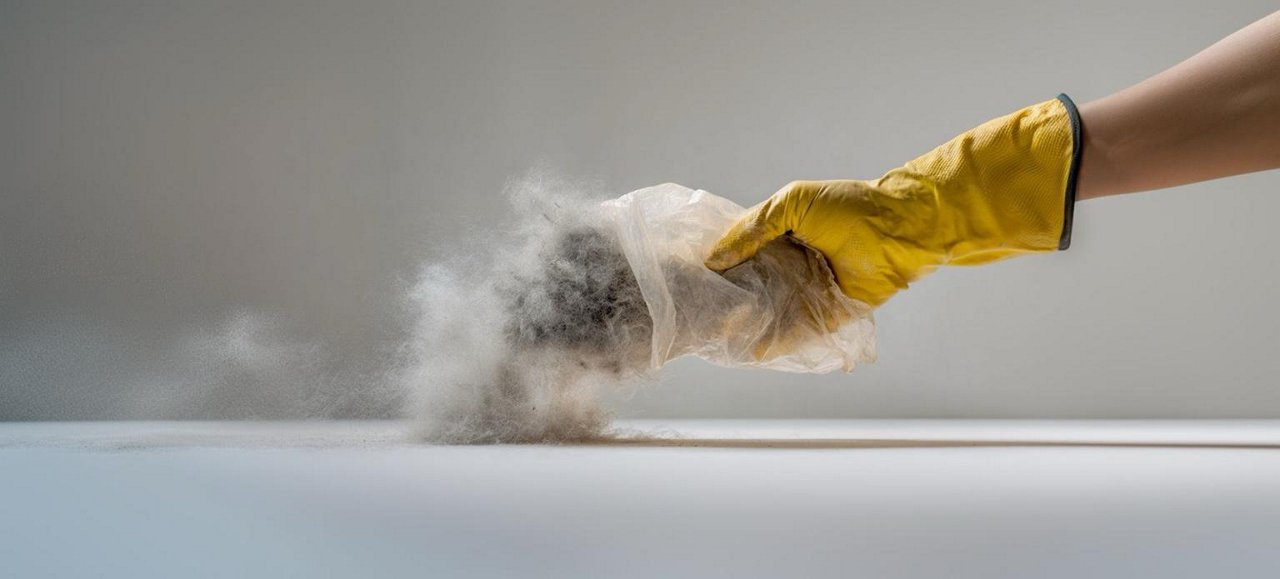 Guante de látex sosteniendo una bolsa de aspiradora con polvo en vista previa social