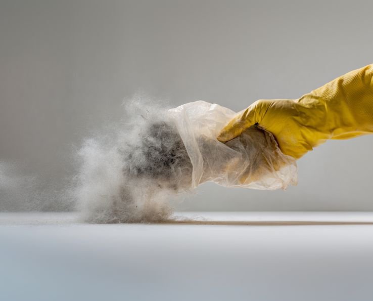 Guante de látex sosteniendo una bolsa de aspiradora con polvo en vista previa social