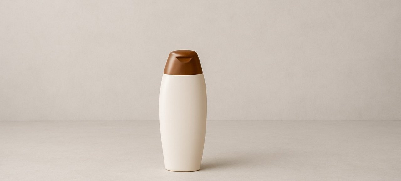 Botella de champú cerrada minimalista sobre fondo gris
