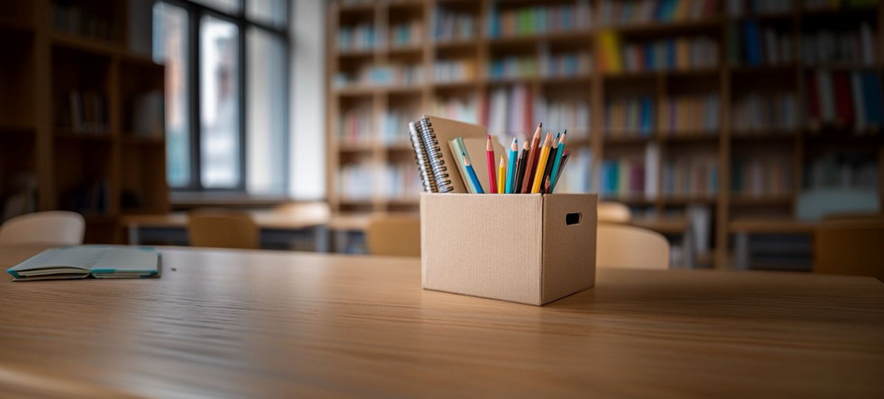 Caixa de papelao contendo lapis e cadernos sobre mesa de biblioteca