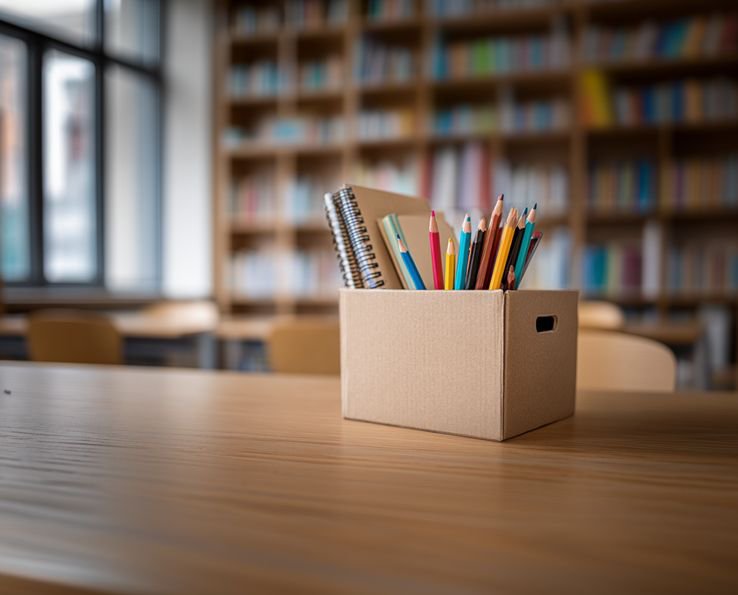 Caixa de papelao contendo lapis e cadernos sobre mesa de biblioteca