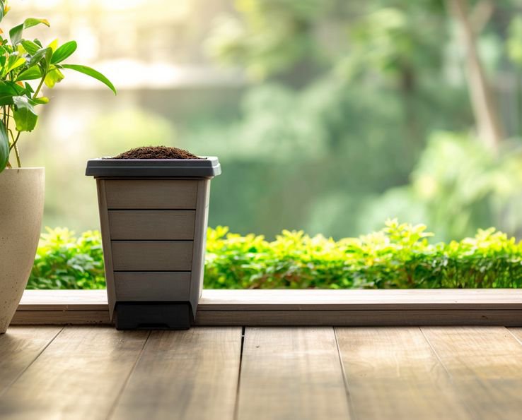 Composteira Handybag instalada na varanda com plantas