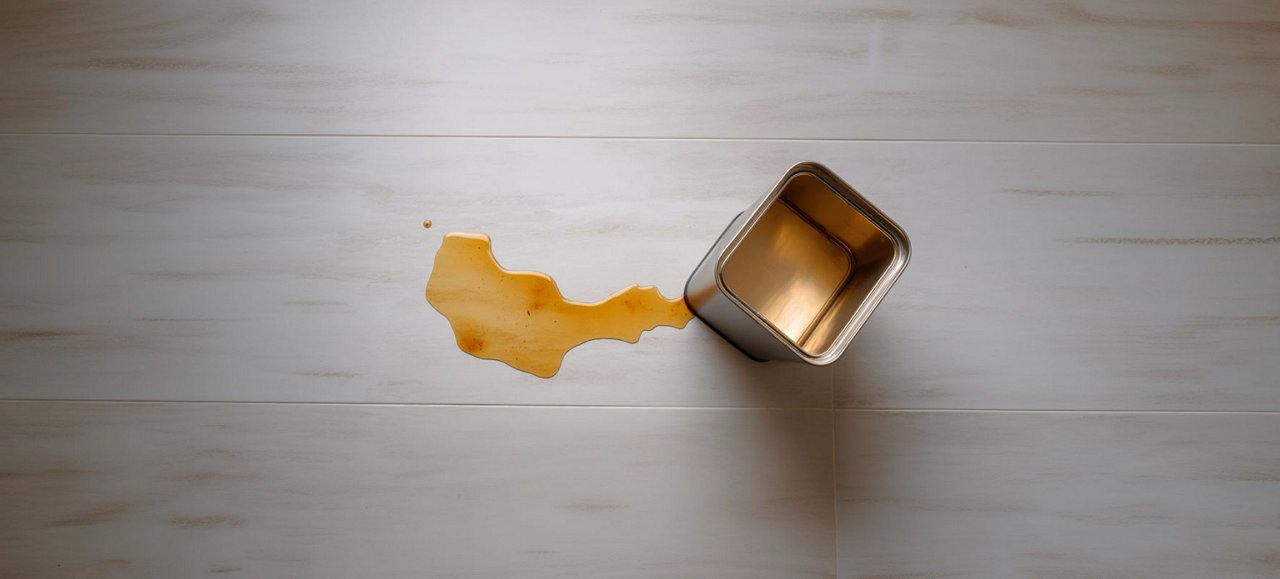 Contentor metalico aberto com liquido salpicado sobre superficie de madeira