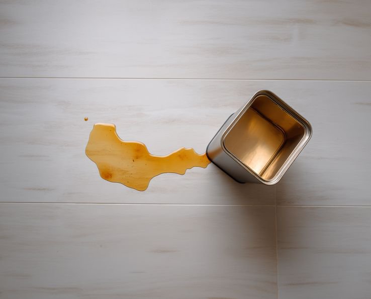 Contentor metalico Handybag aberto com liquido salpicado sobre superficie de madeira