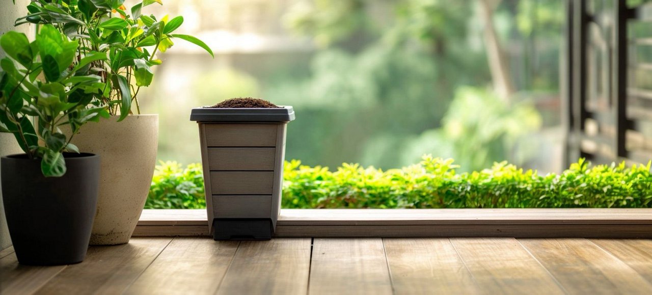 Cubo de compost instalado en una terraza con plantas