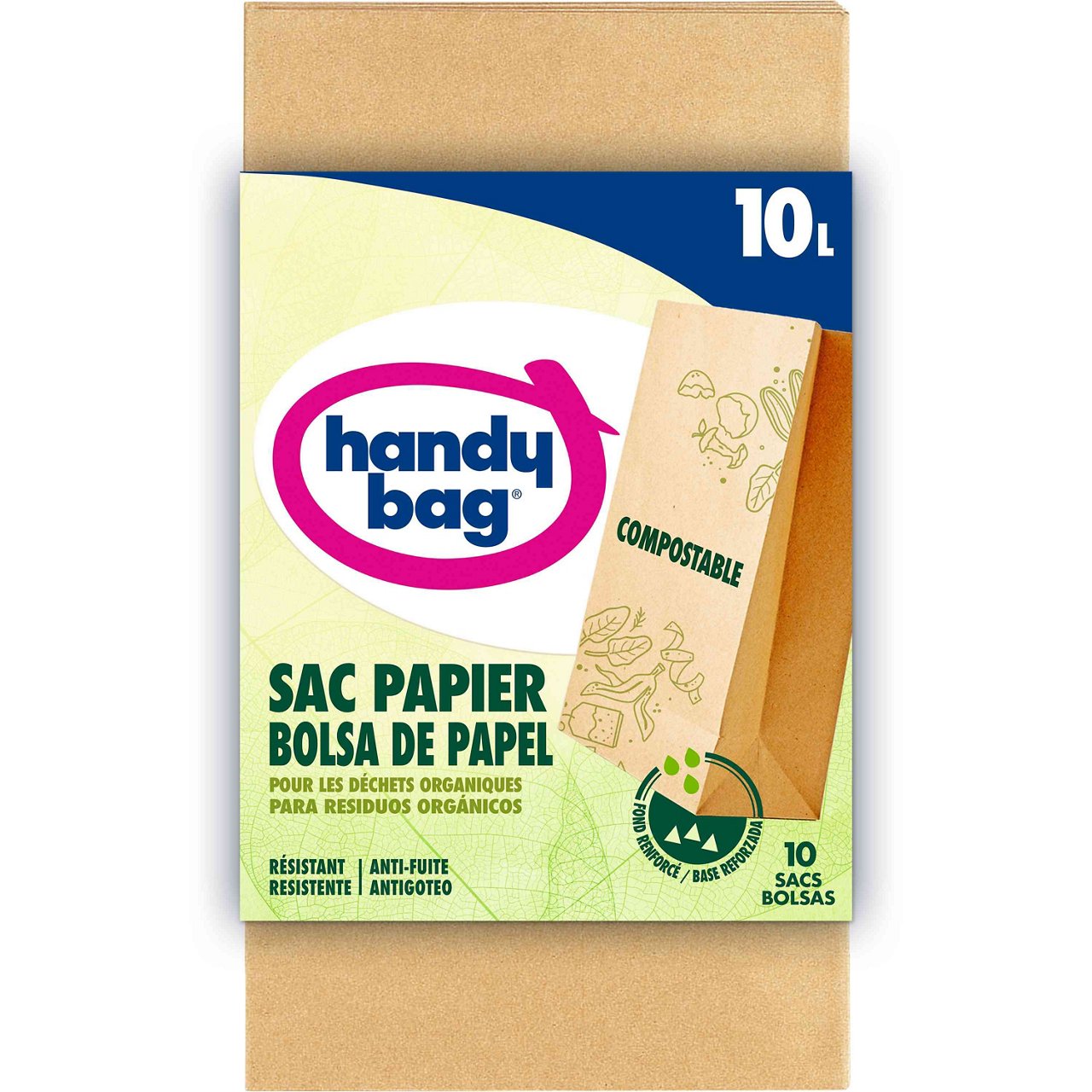 Emballage carton de sacs papier compostable Handybag 10 litres sur fond blanc