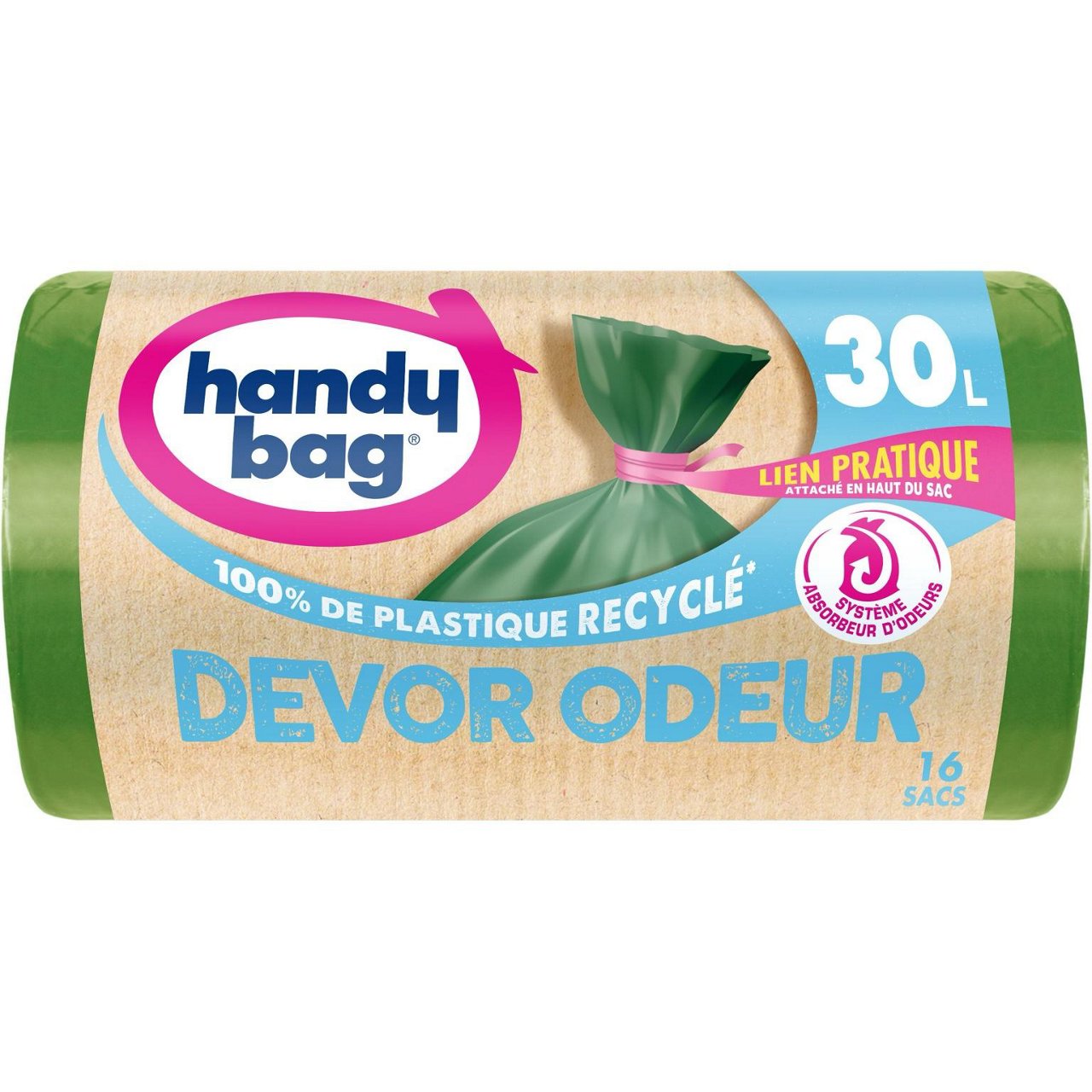 Emballage de sac poubelle Handybag devor odeur posé sur un plan de travail en bois