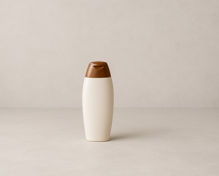 Garrafa de champô fechada minimalista sobre fundo cinza