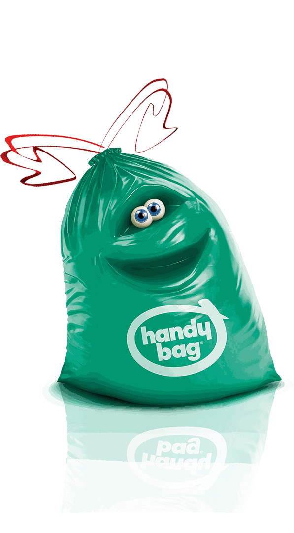 Mascotte verte souriante de la marque Handybag