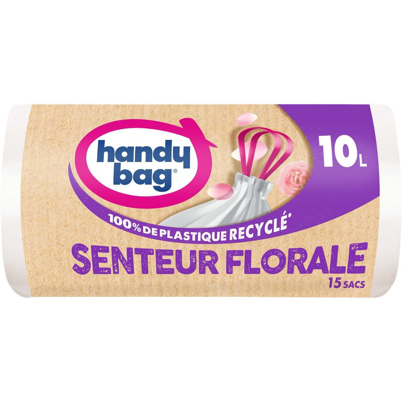 Un packaging de sac poubelle Handybag senteur florale 10 litres sur fond blanc