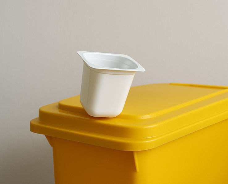 Pote de plastico branco colocado sobre um saco de lixo amarelo
