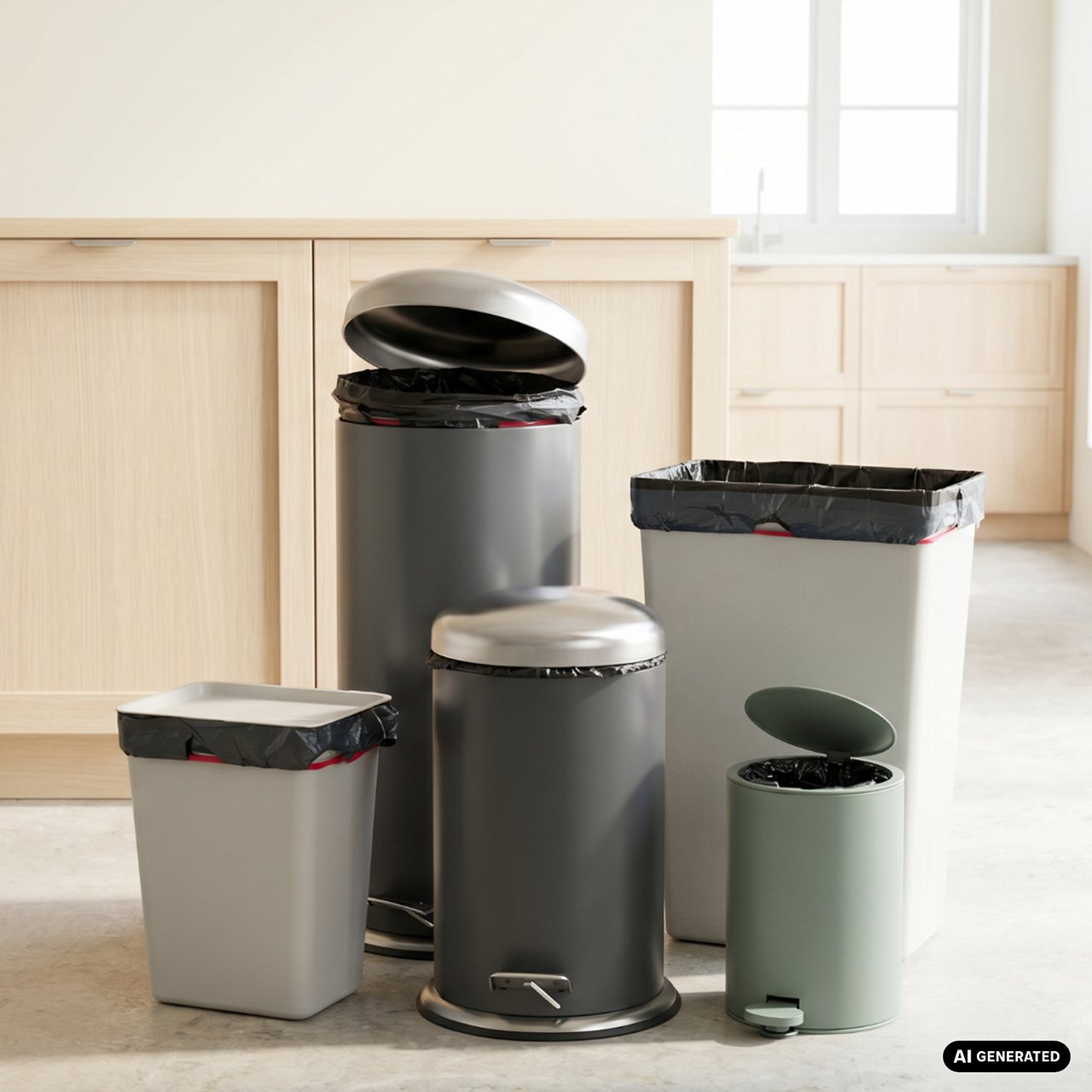 Ensemble de poubelles de cuisine équipées de sacs noirs dans une pièce lumineuse