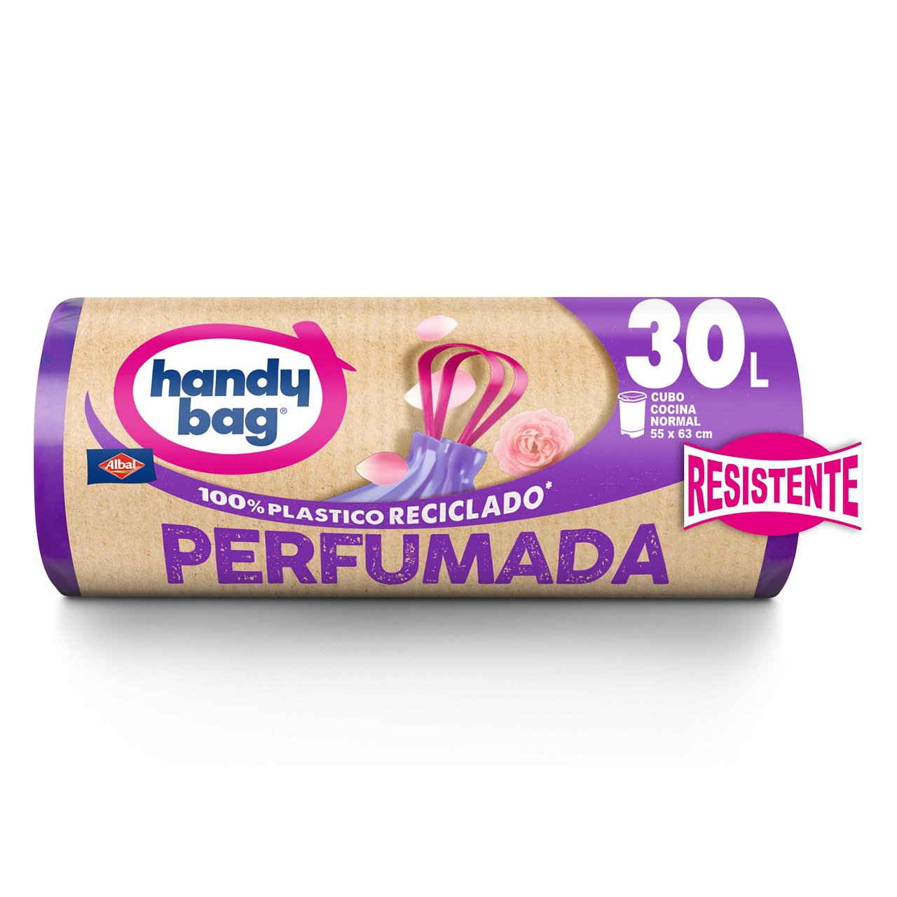 Rollo de bolsas de basura Handybag perfumadas de 30 litros sobre fondo blanco