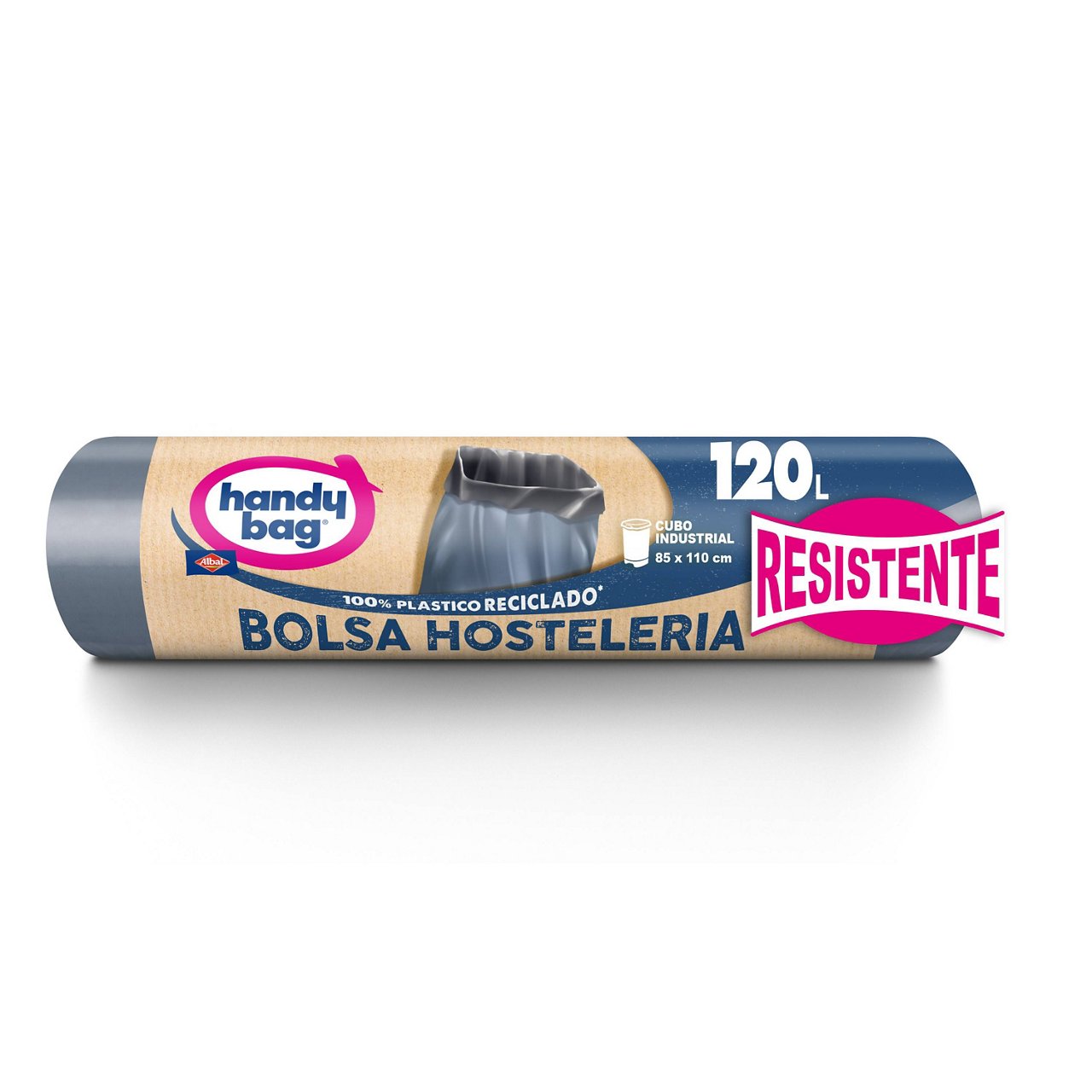 Bolsa de basura Handybag de 120 litros en rollo sobre fondo blanco