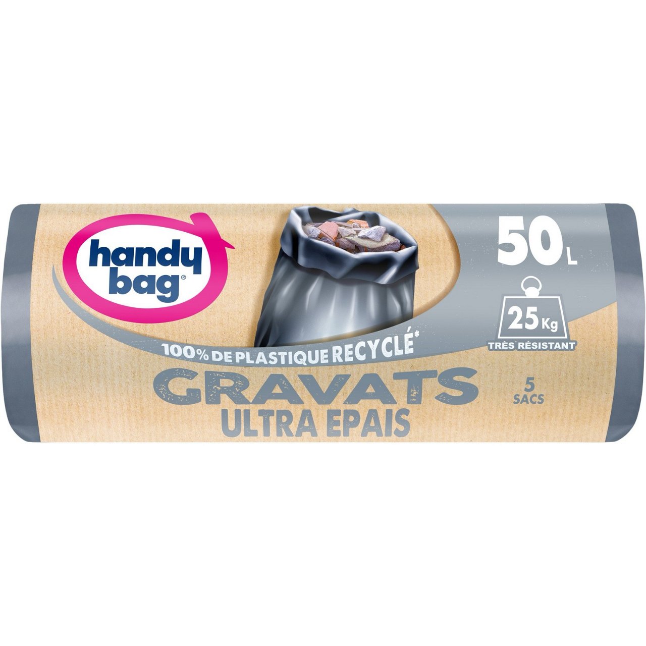Rouleau de 5 sacs poubelle Handybag 50 litres pour gravats