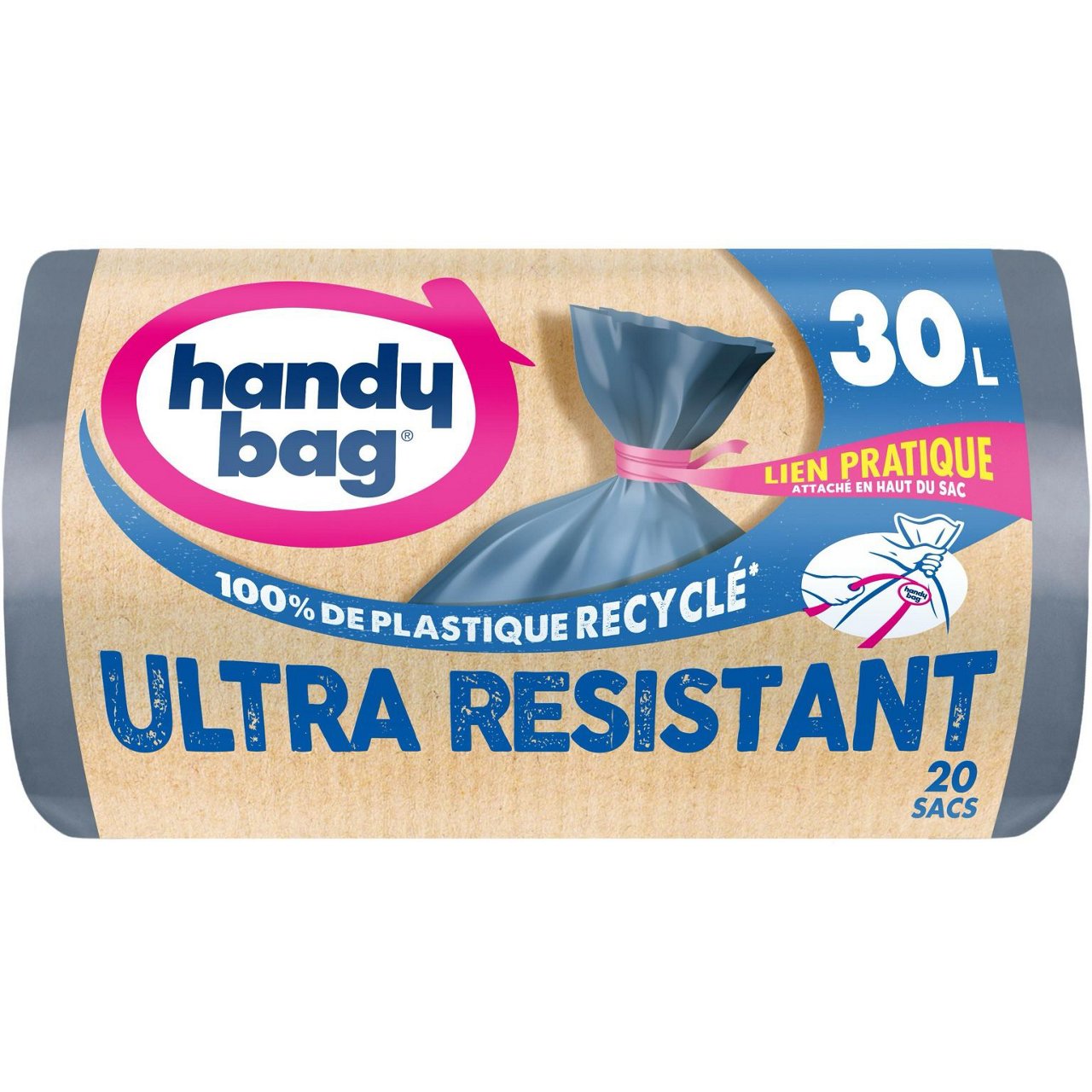 Rouleau de sacs poubelle Handybag ultra résistant posé sur une poubelle