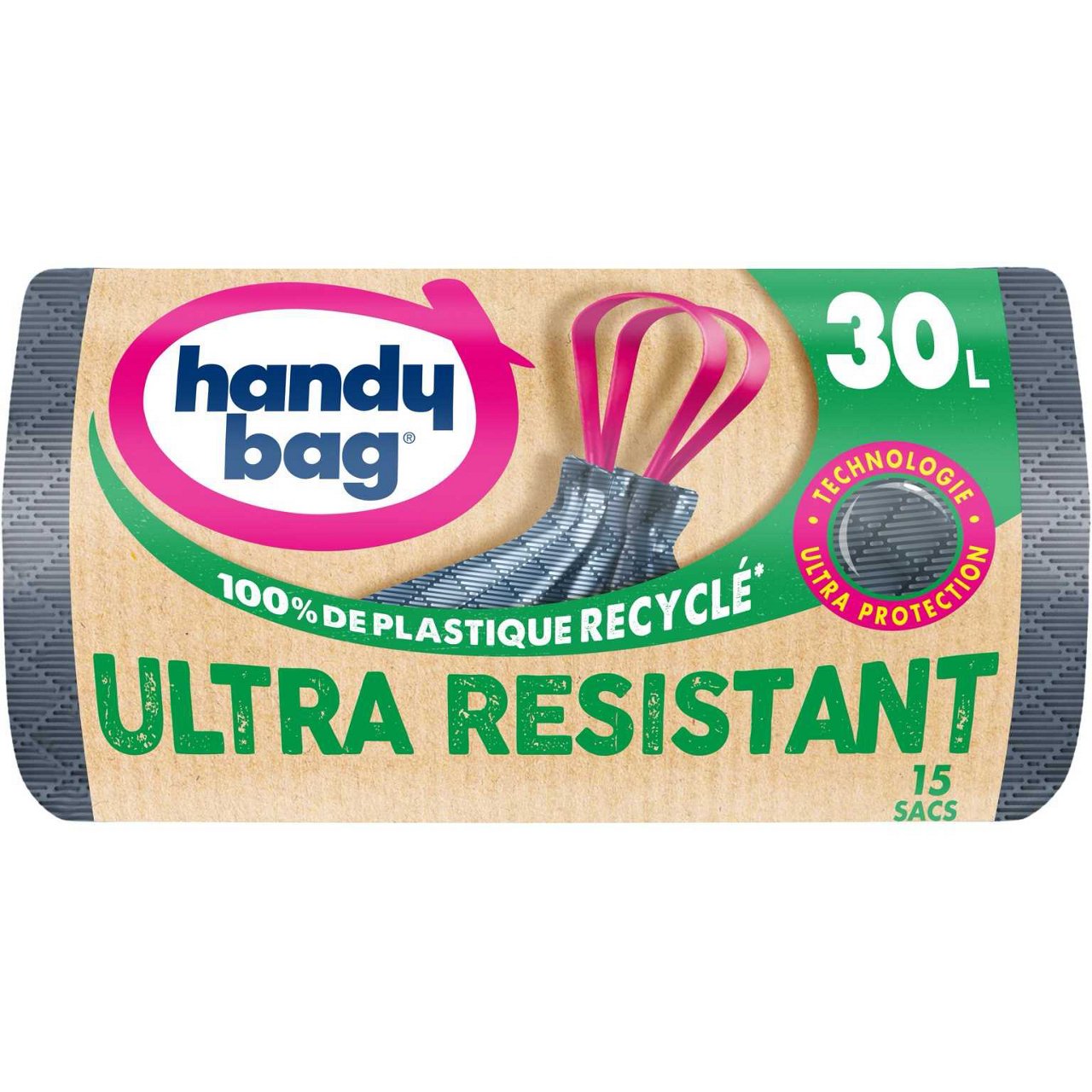 Rouleau de sacs poubelle recyclés et ultra resistant 30L/15sacs