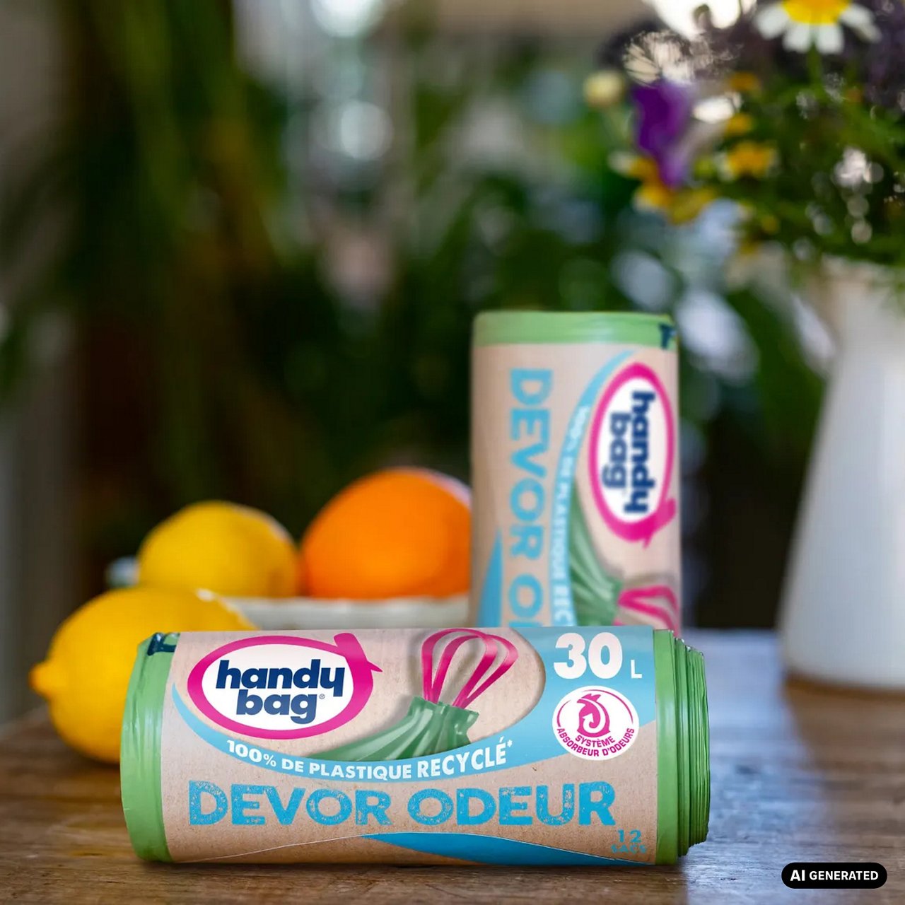 Rouleaux de sacs poubelle Handy Bag Dévor Odeur posés sur une table avec des fleurs